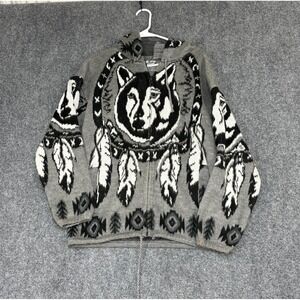 Yari Artesanias Wool Sweater Hoodie Mens M Gray Wolf Full Zip Ecuador